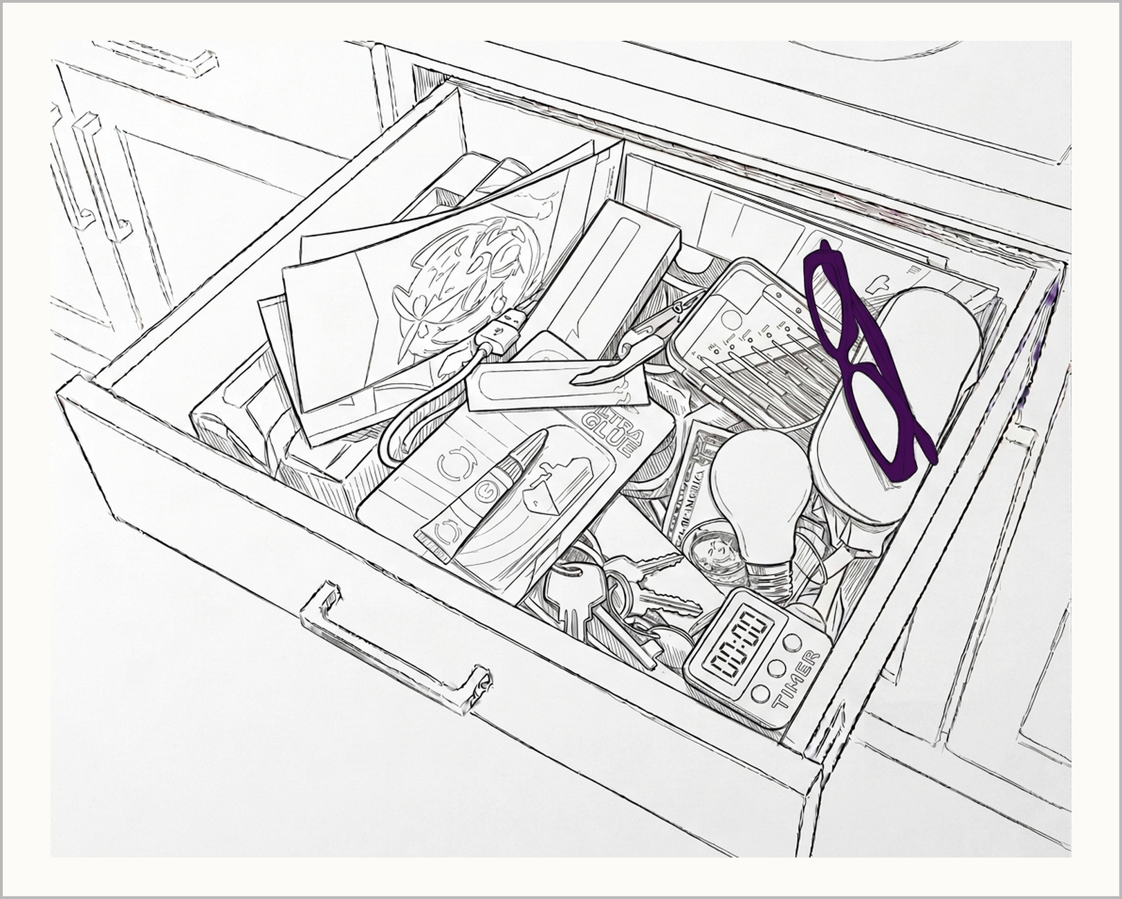 An open junk drawer, crammed full