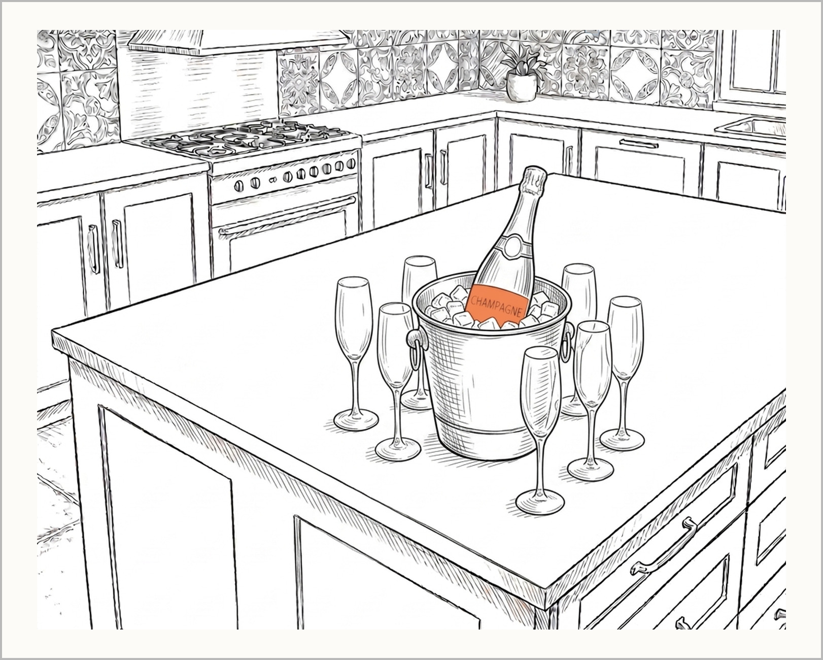 A bottle of bubbles on ice in the middle of a kitchen island, with glasses ready