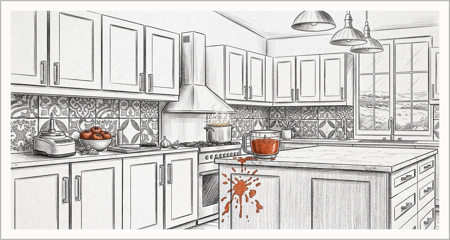 Sketch of a newly fitted kitchen with white painted cabinets, and tomato sauce running down the front of one cabinet door