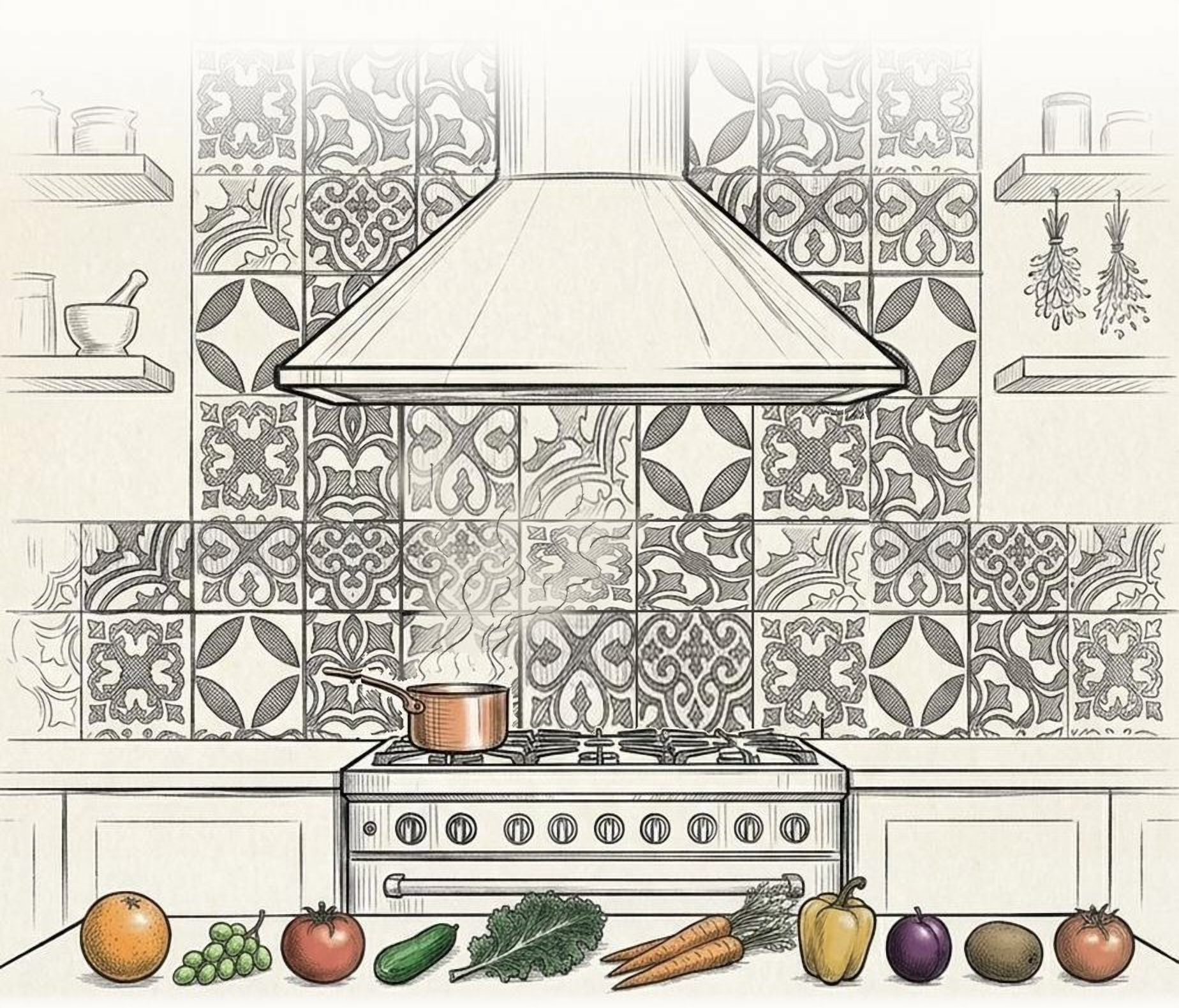 Sketch of a tiled kitchen with a range cooker, a copper pot on the hob, and a row of fruit and vegetables along the worktop