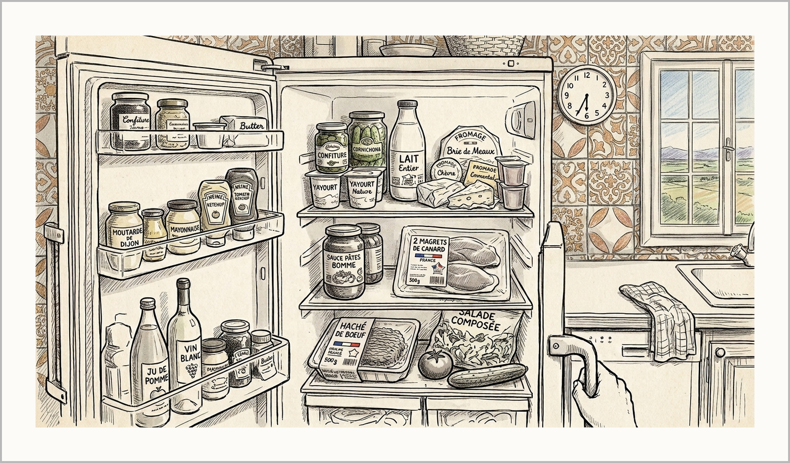 A kitchen with the fridge door open on well-stocked shelves