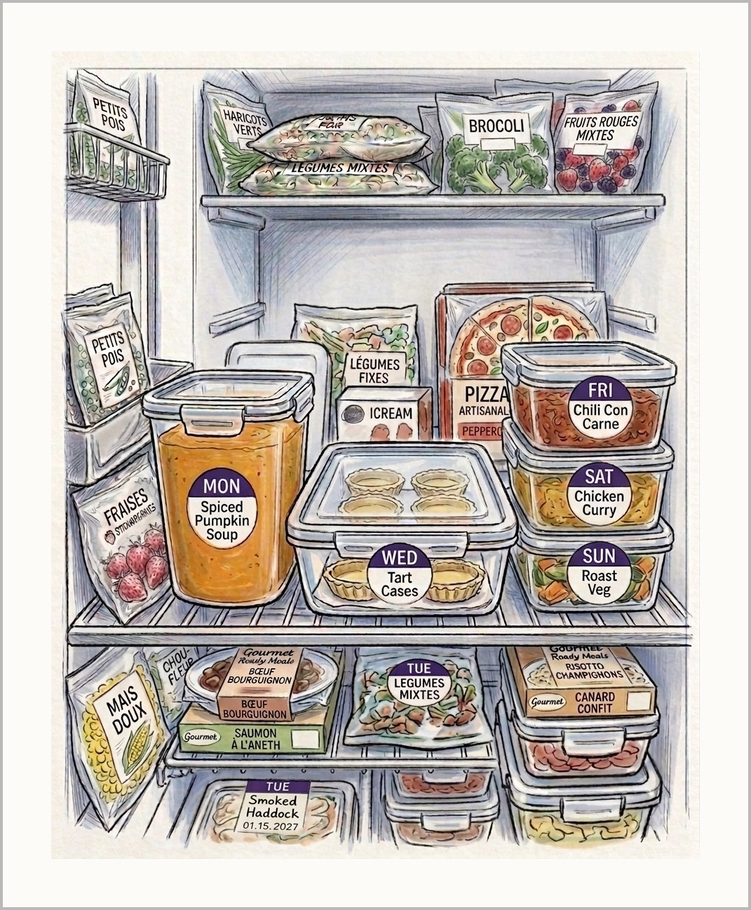 A well-stocked freezer, every container labelled