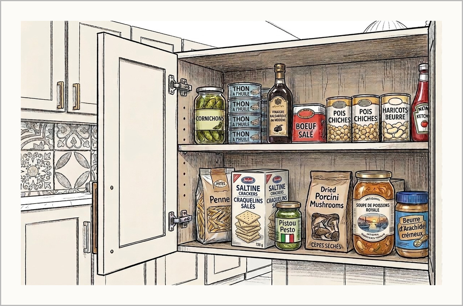 Sketch of an open kitchen cupboard of jars, tins and dry goods
