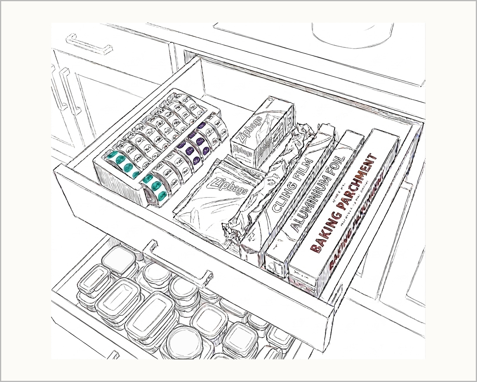An open kitchen drawer holding labels, zip bags, cling film, foil and baking parchment