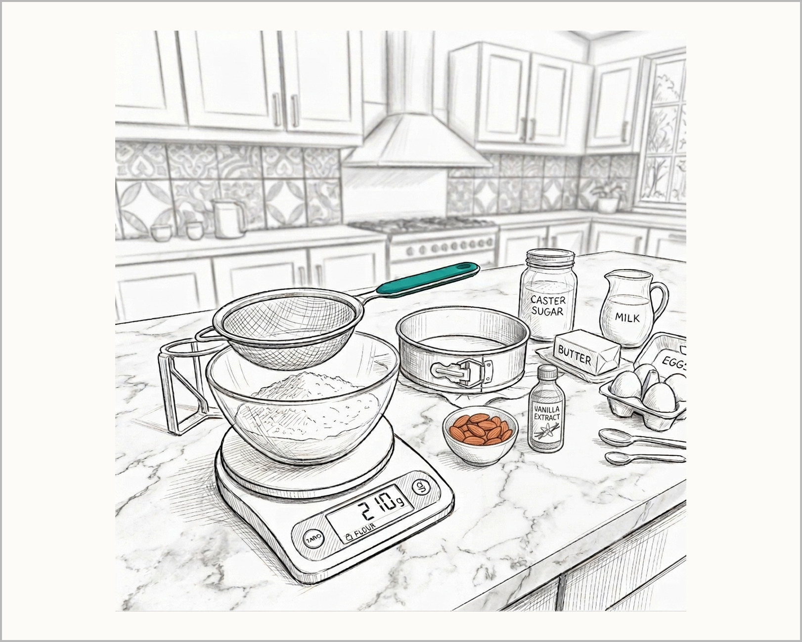 Digital kitchen scales with baking ingredients laid out beside them