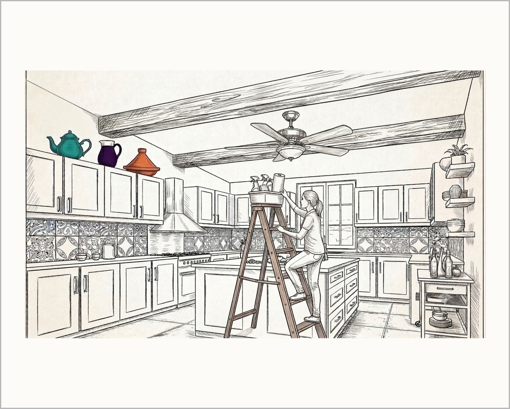 A kitchen with a ceiling fan and beams, and someone up a ladder cleaning the top of the cabinets