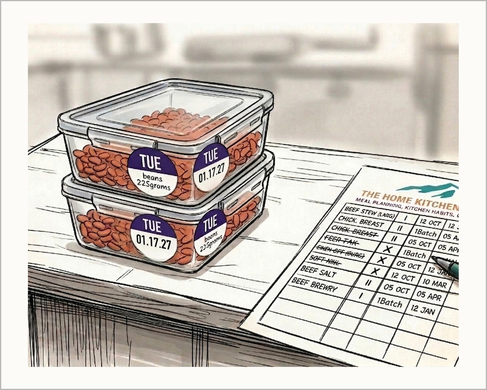 Two labelled containers on the counter beside the Freezer List