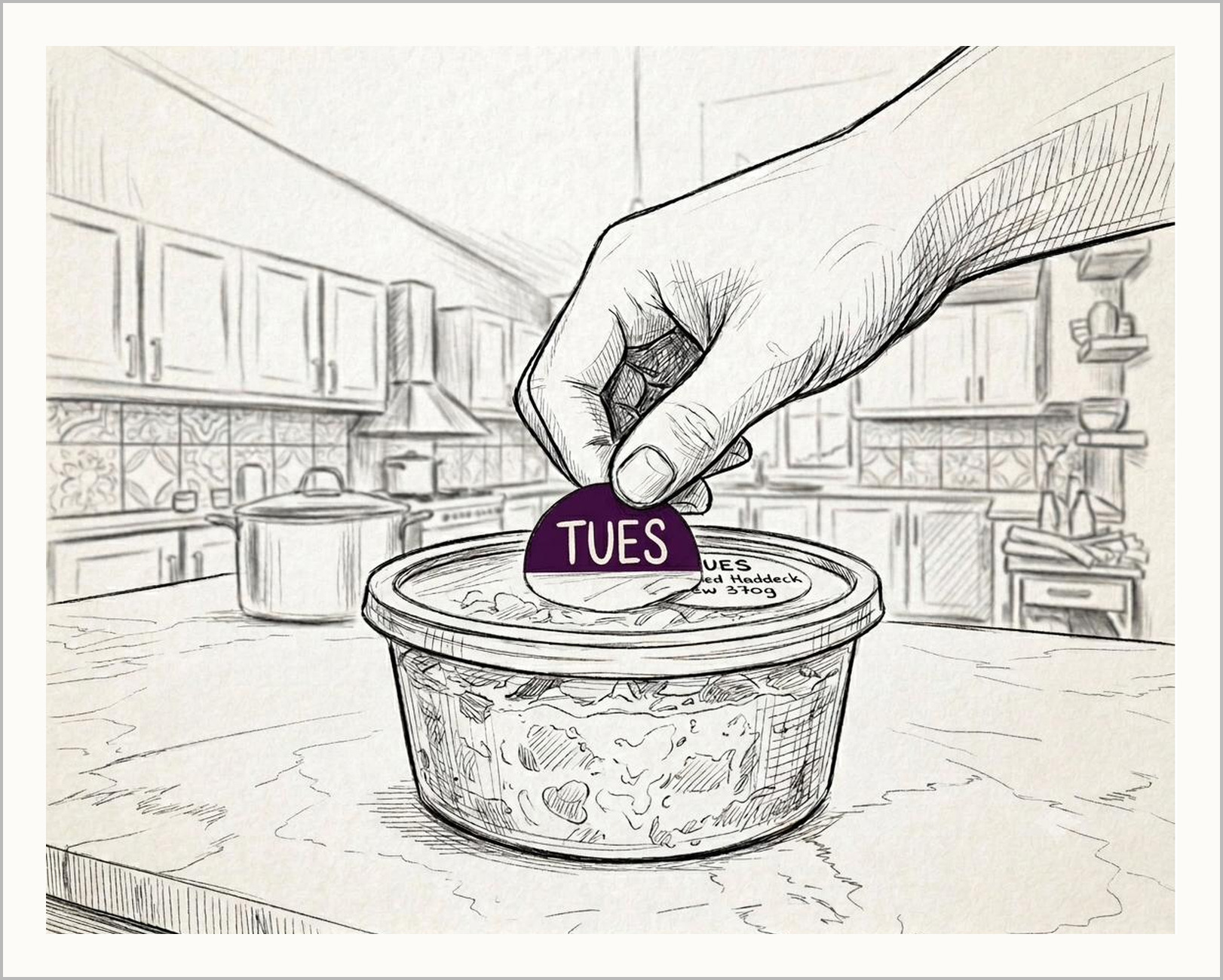 A hand pressing a TUES label onto a container of stew
