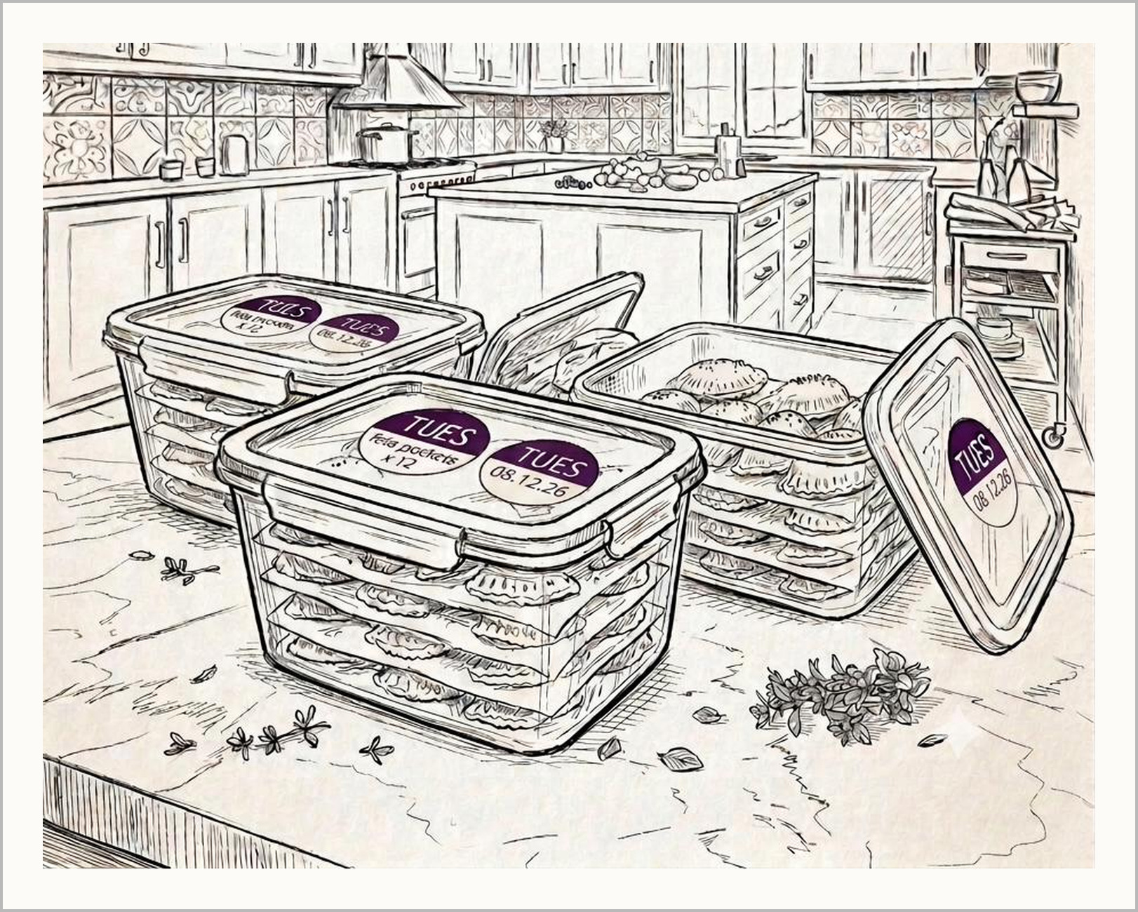 Stacked freezer containers, each with its labels