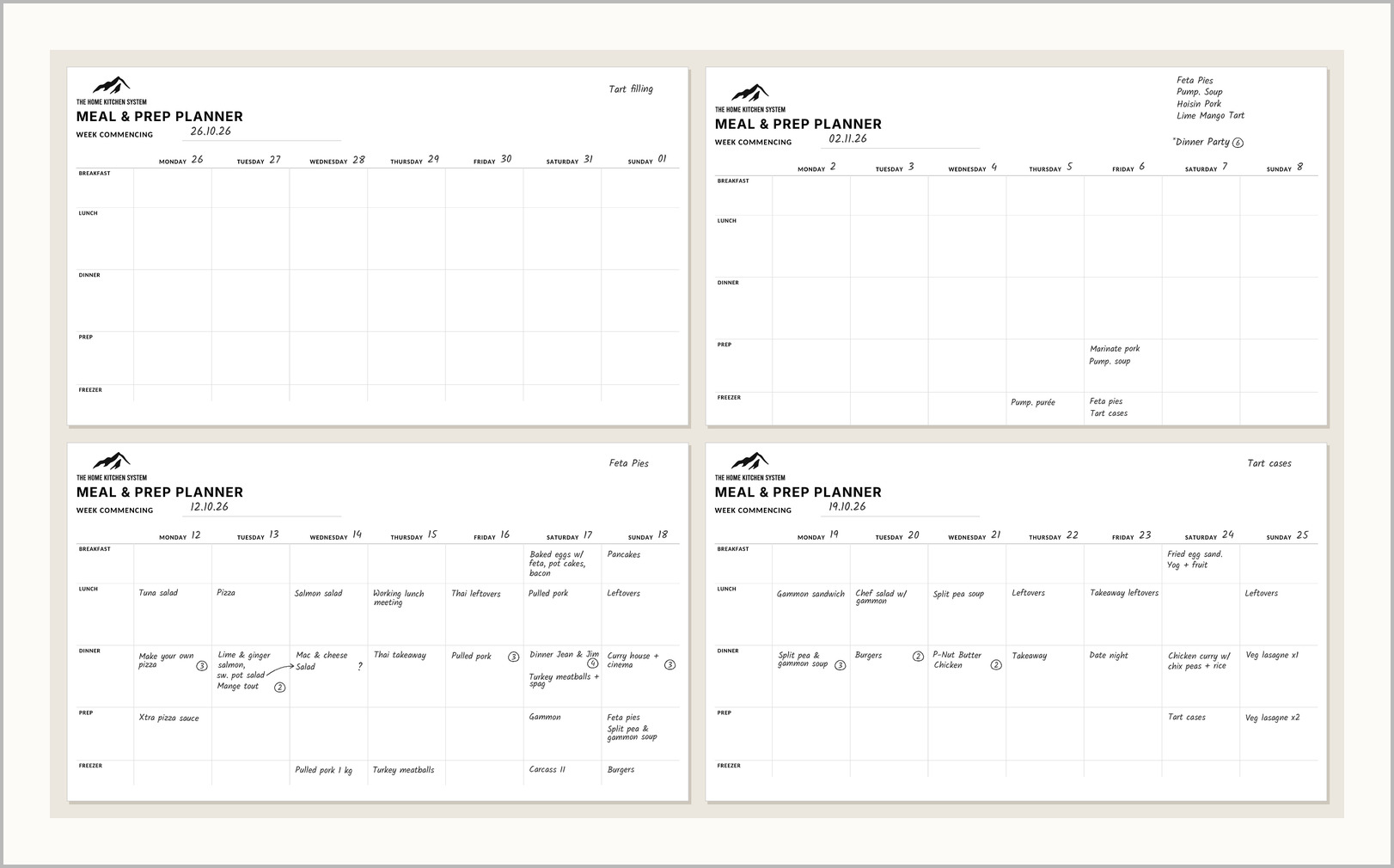 Four weeks of filled-in Meal & Prep Planners laid out together, from the week of 12 October to the dinner party on 7 November