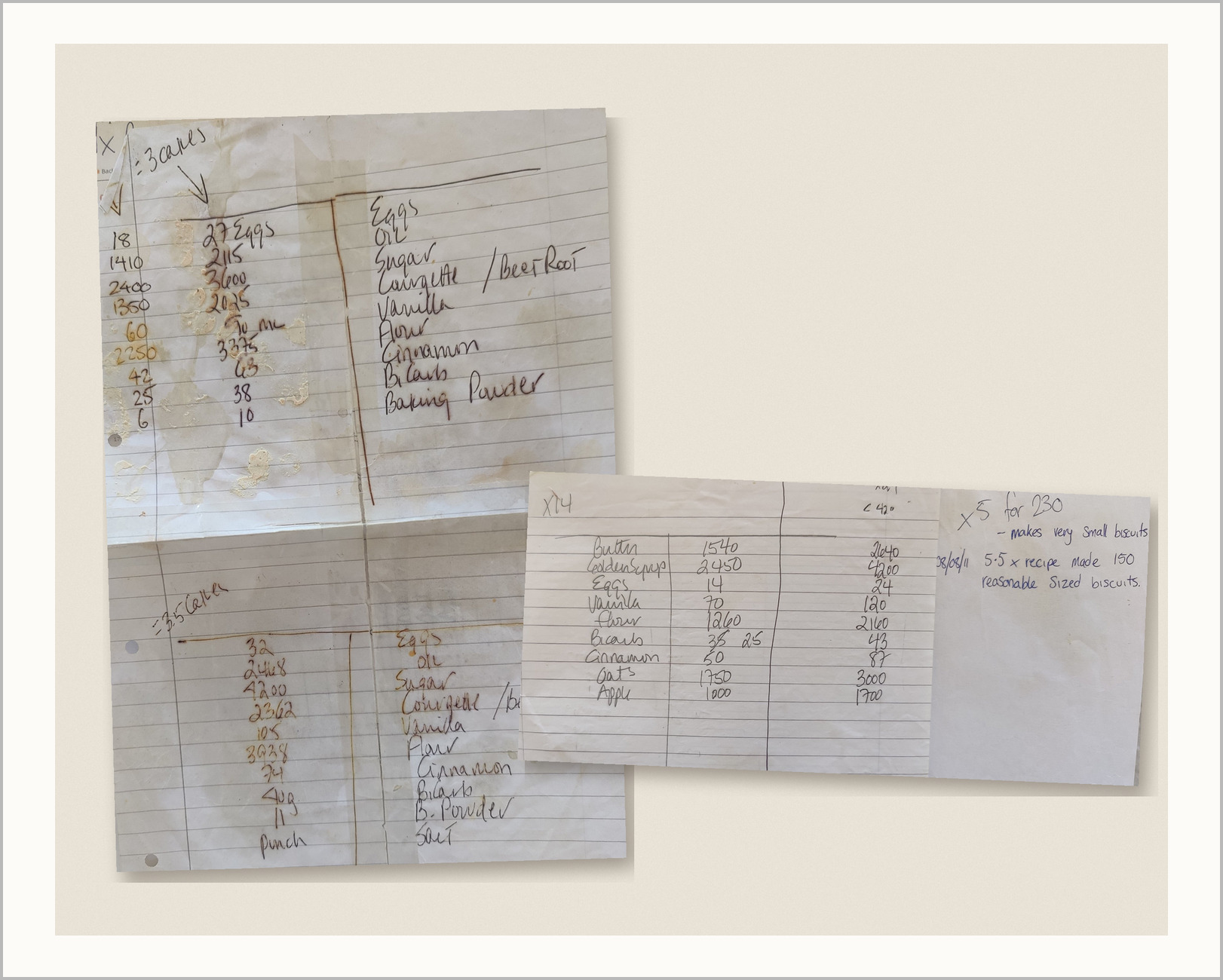 Two handwritten pages from a catering notebook on a kitchen bench: a cake recipe scaled up for three and three and a half cakes, and a biscuit recipe with notes on how many it made