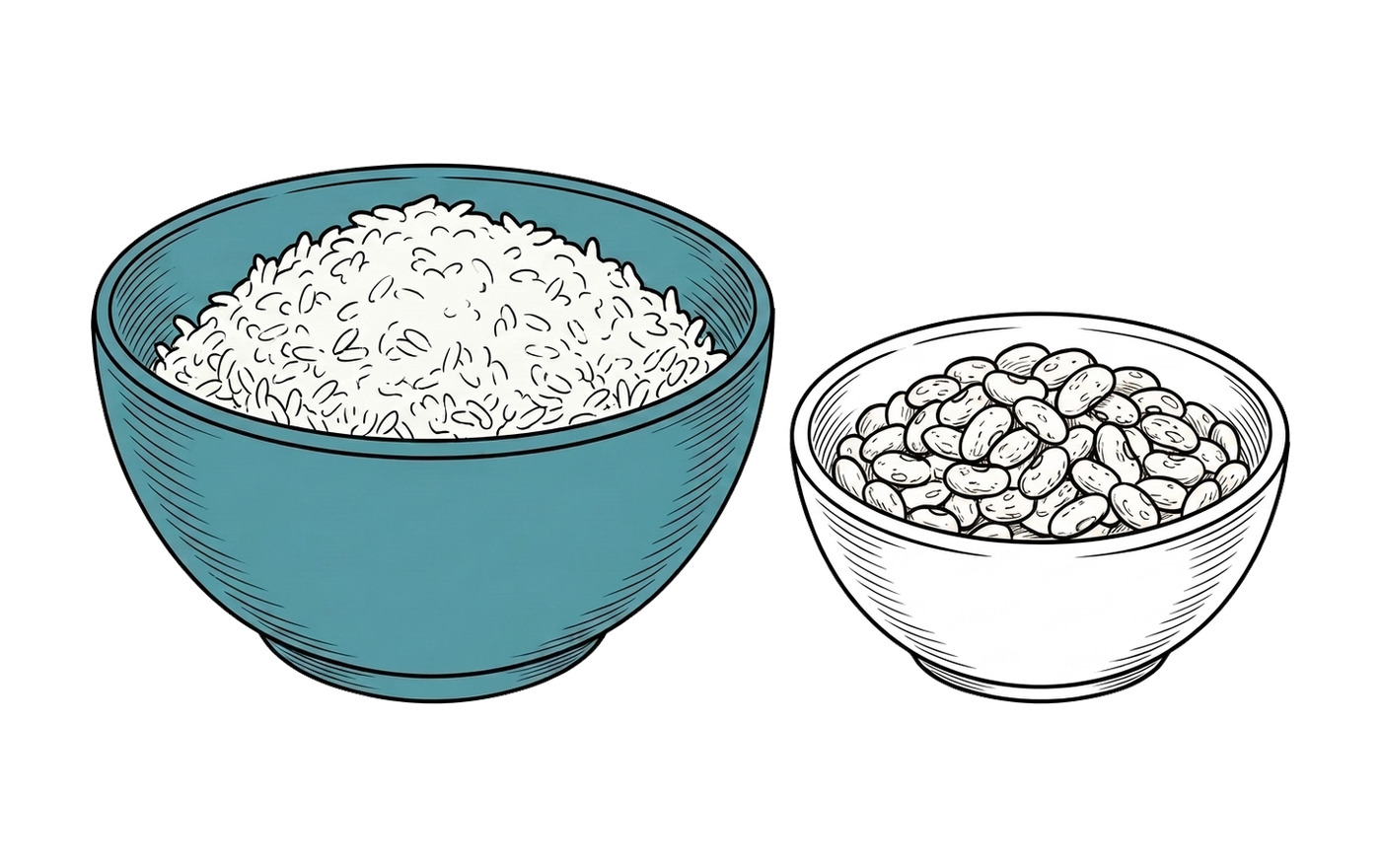 A bowl of cooked rice and a bowl of beans