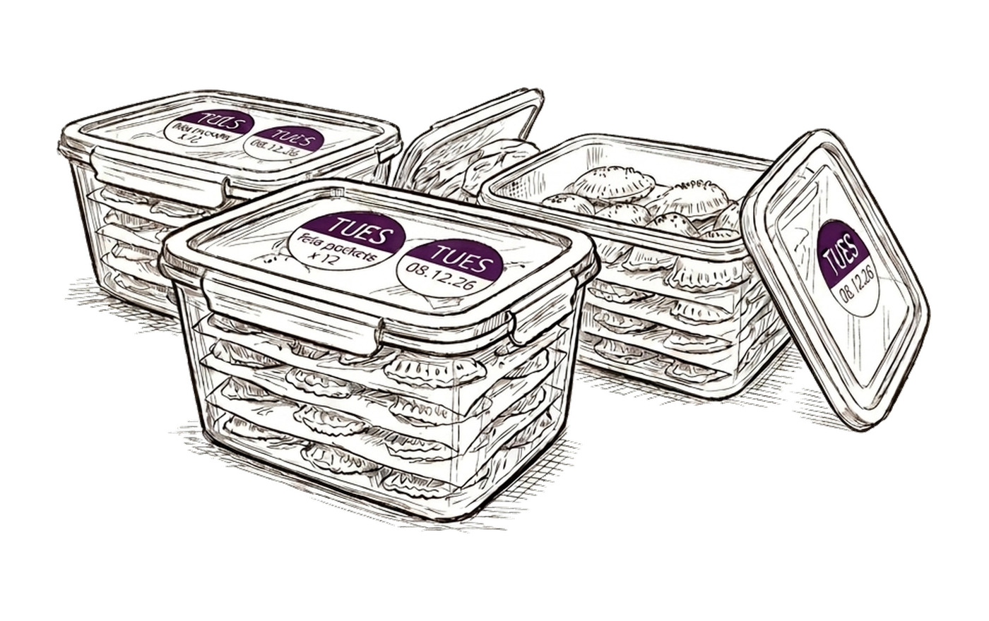 Labelled containers stacked for the freezer