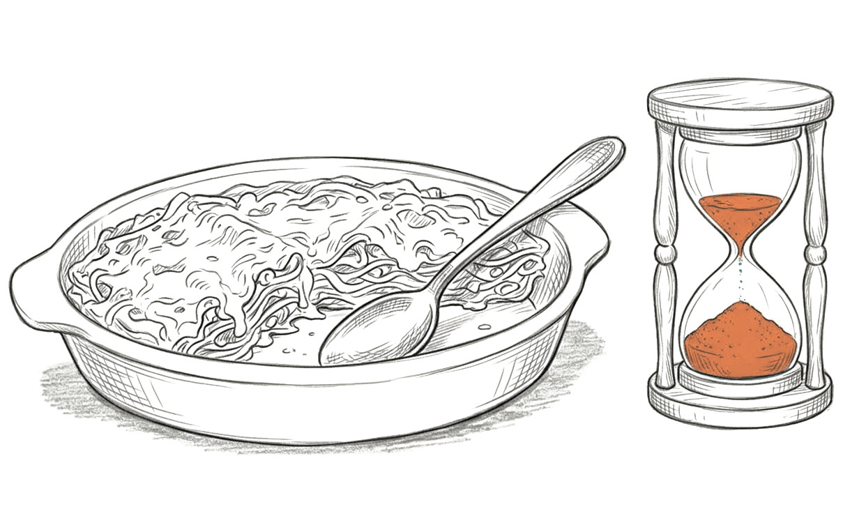 A dish of cooked food beside an hourglass