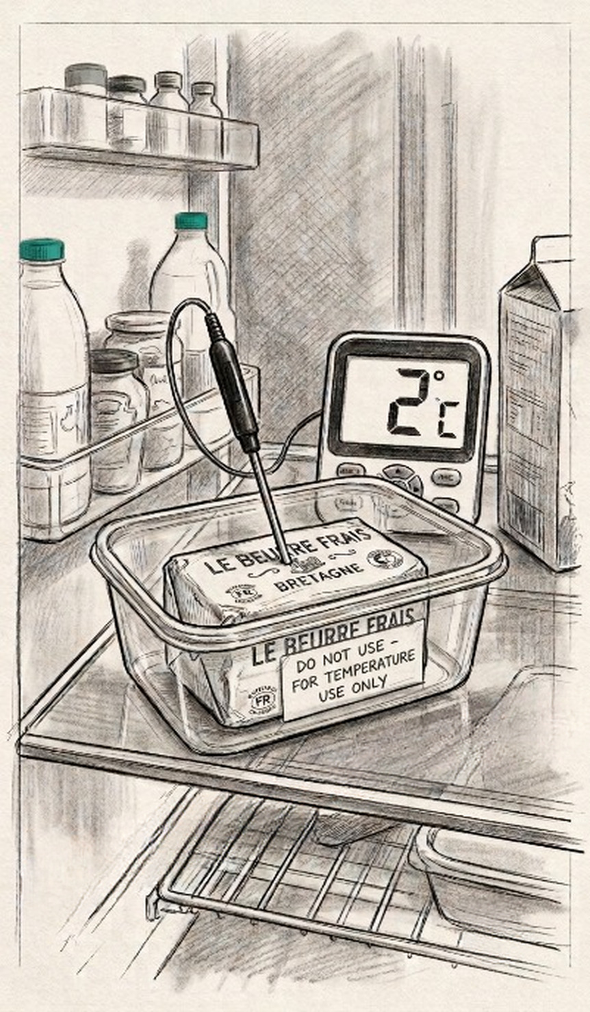 A fridge shelf with a probe in a block of butter, reading 2°C