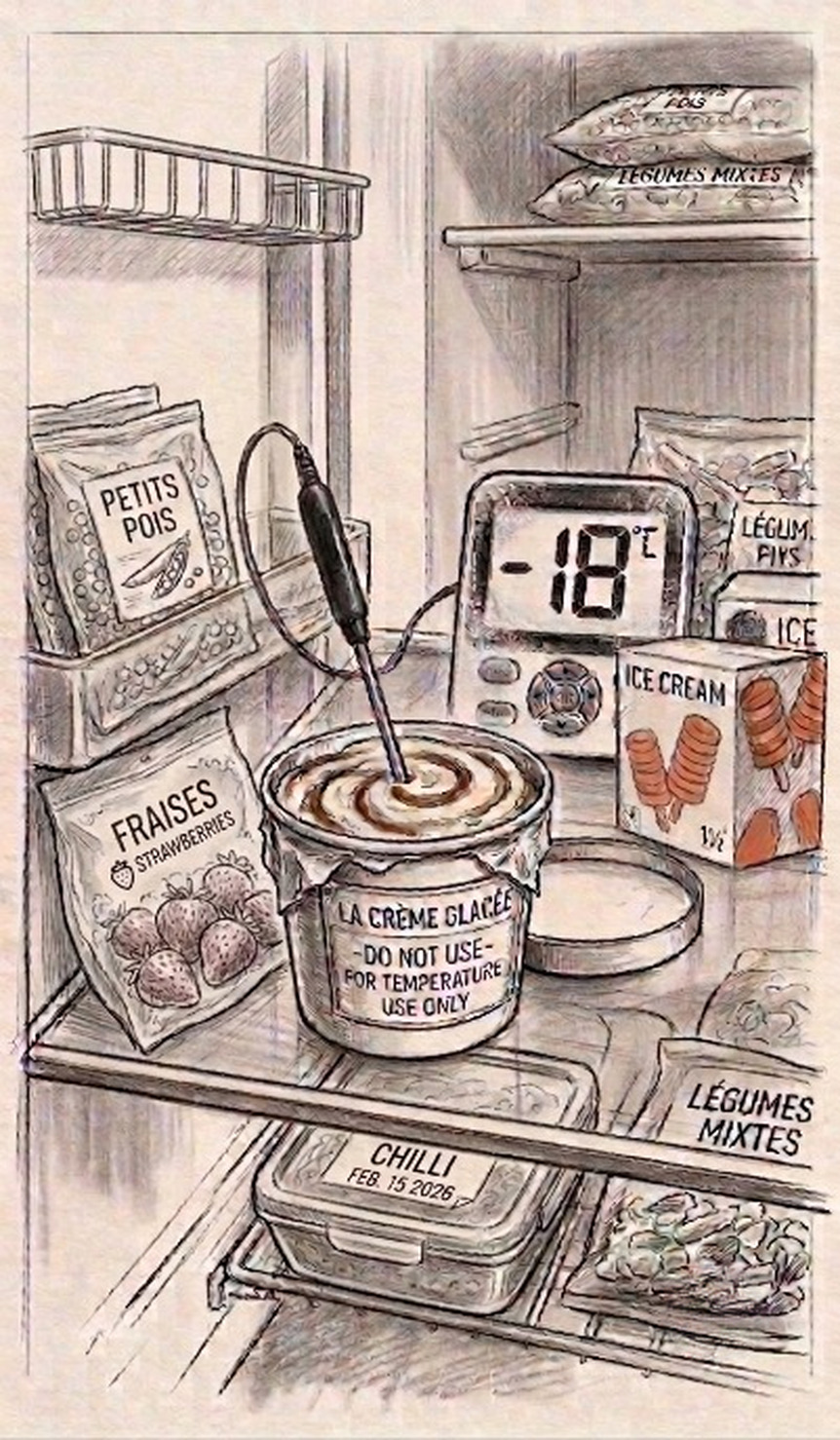 A freezer drawer with a probe in a tub of ice cream, reading â18°C